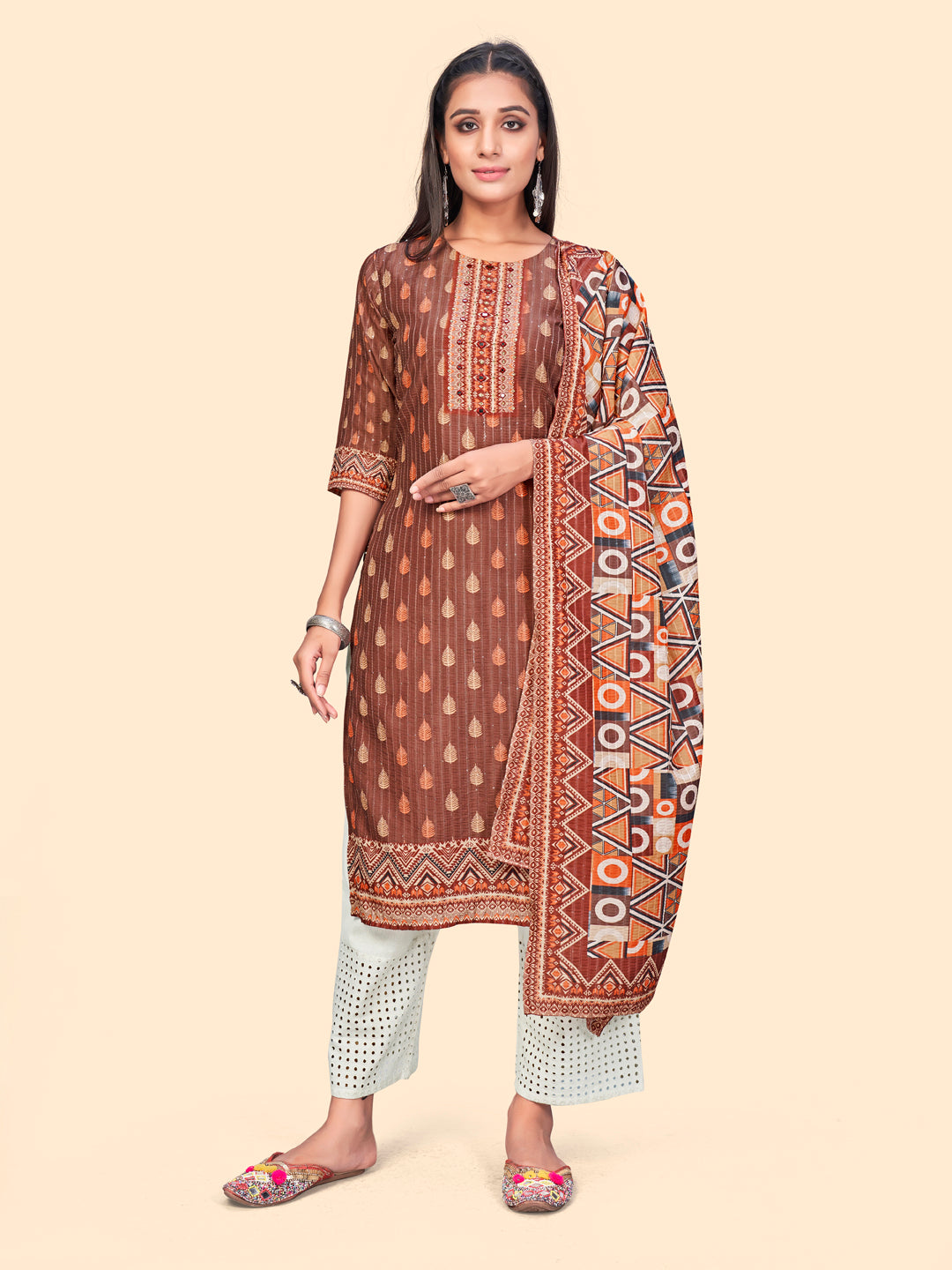 NOZ2TOZ Women's Print & Sequience Straight Musline Brown Stitched Kurta With Dupatta - Distacart