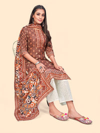 Thumbnail for NOZ2TOZ Women's Print & Sequience Straight Musline Brown Stitched Kurta With Dupatta - Distacart