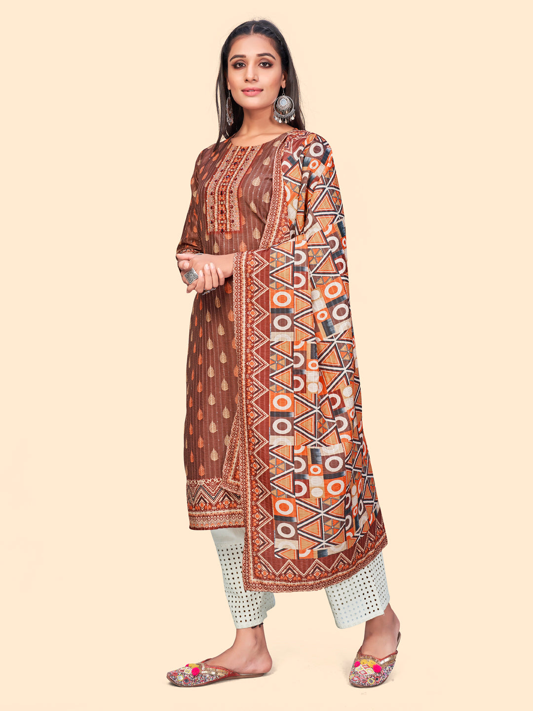 NOZ2TOZ Women's Print & Sequience Straight Musline Brown Stitched Kurta With Dupatta - Distacart