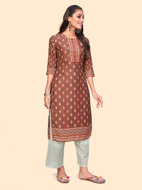 Thumbnail for NOZ2TOZ Women's Print & Sequience Straight Musline Brown Stitched Kurta With Dupatta - Distacart