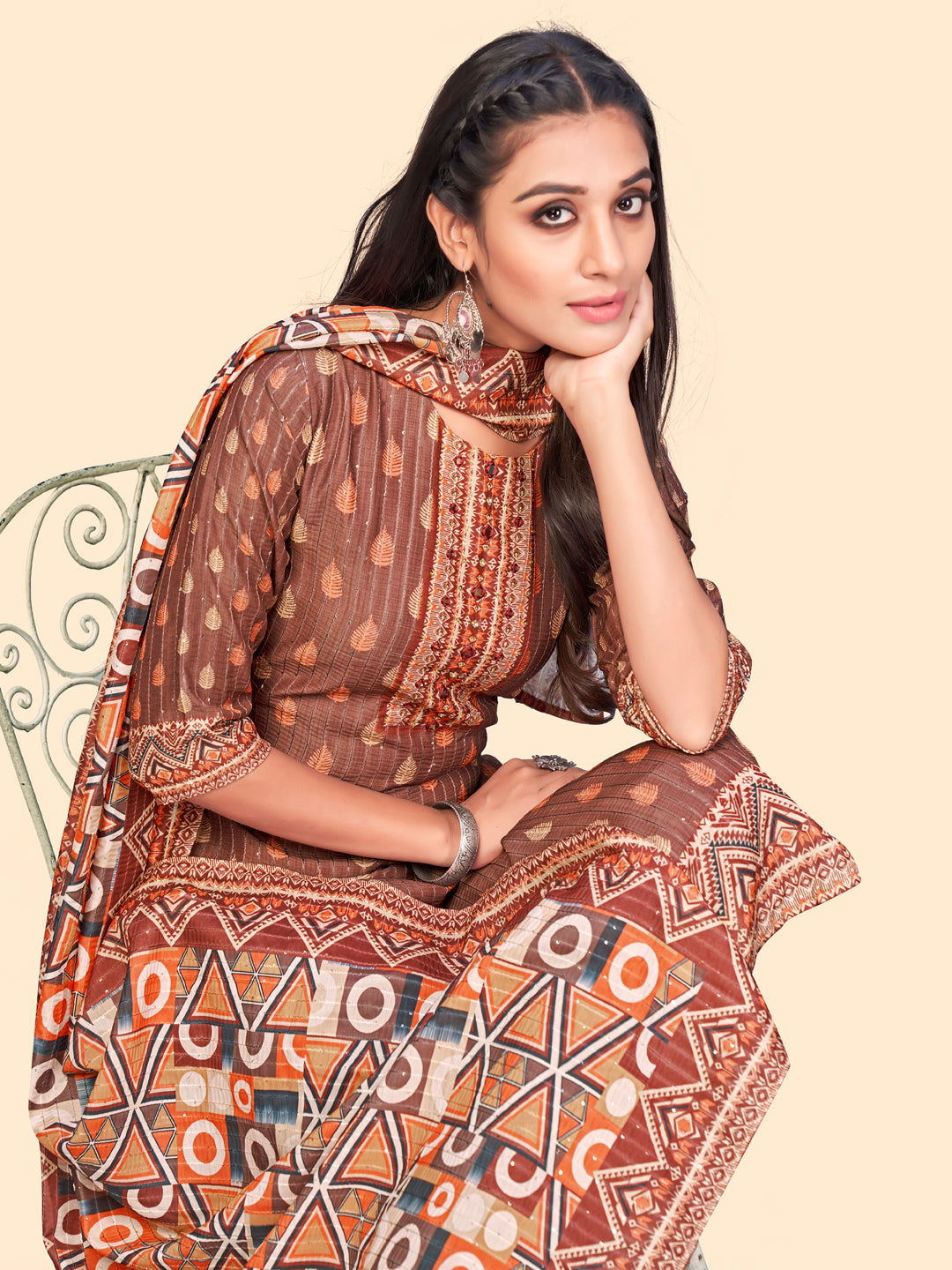 NOZ2TOZ Women's Print & Sequience Straight Musline Brown Stitched Kurta With Dupatta - Distacart