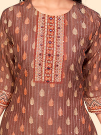 Thumbnail for NOZ2TOZ Women's Print & Sequience Straight Musline Brown Stitched Kurta With Dupatta - Distacart