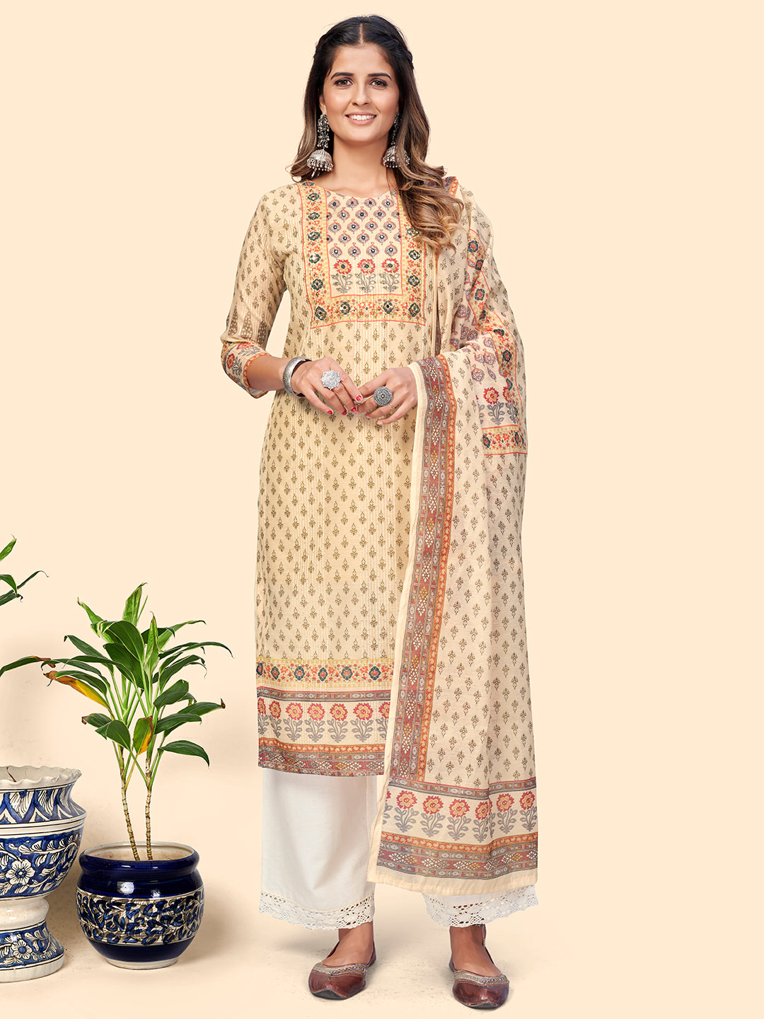 NOZ2TOZ Women's Print & Sequience Straight Musline Cream Stitched Kurta With Dupatta - Distacart