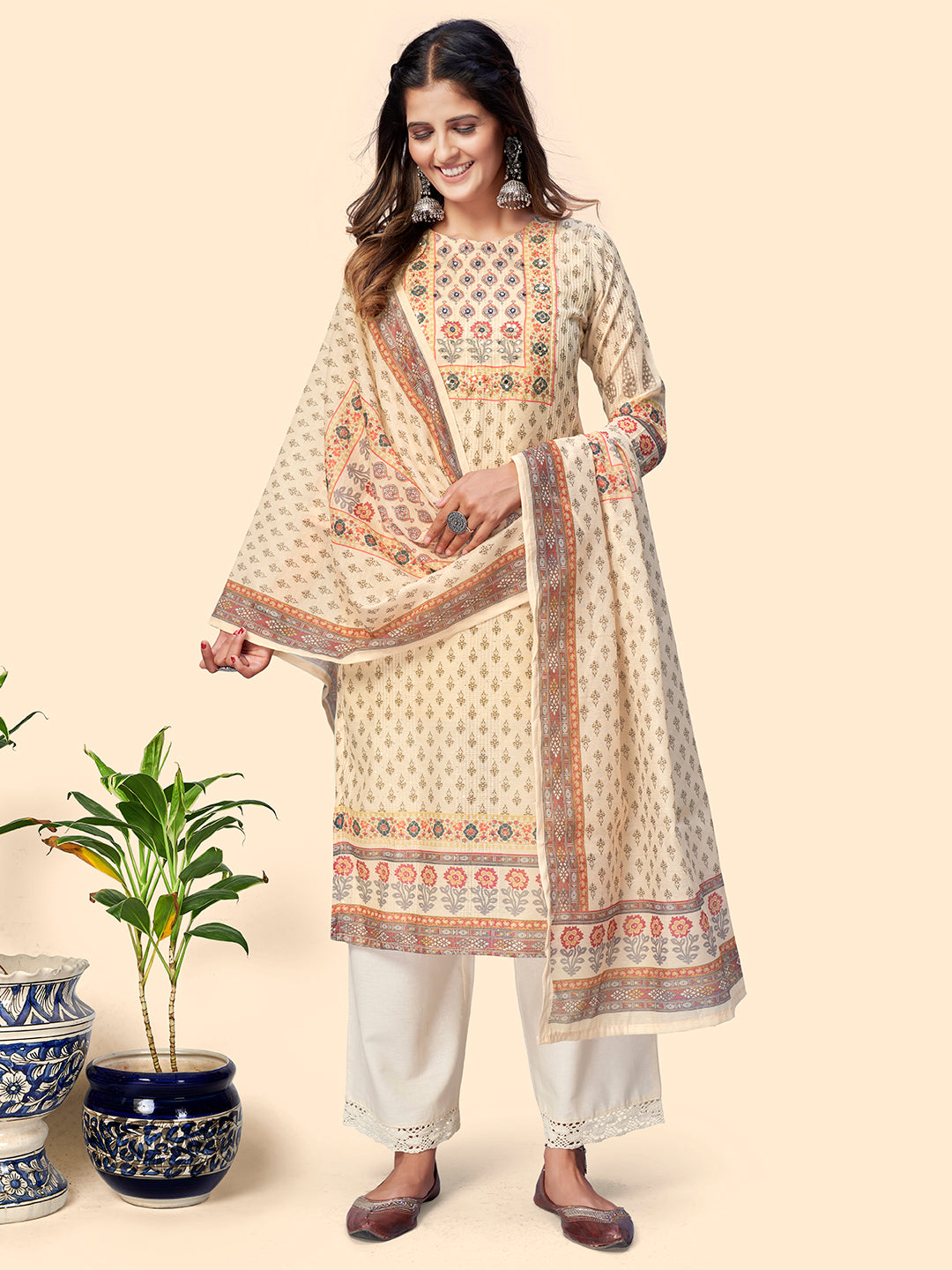 NOZ2TOZ Women's Print & Sequience Straight Musline Cream Stitched Kurta With Dupatta - Distacart