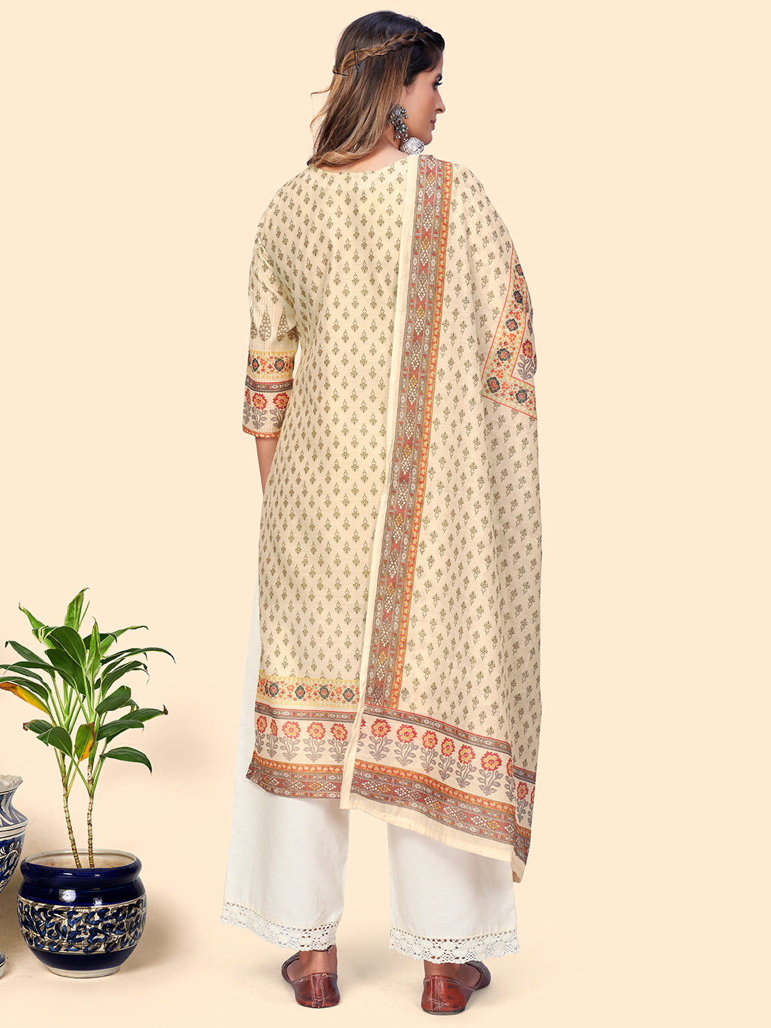 NOZ2TOZ Women's Print & Sequience Straight Musline Cream Stitched Kurta With Dupatta - Distacart