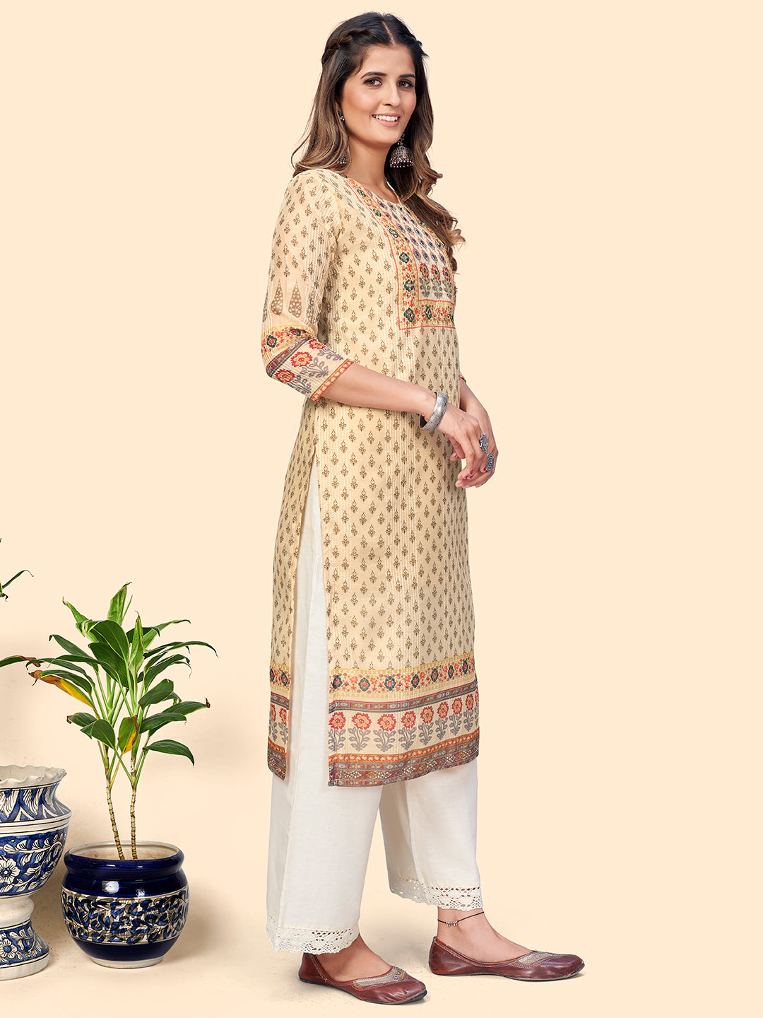 NOZ2TOZ Women's Print & Sequience Straight Musline Cream Stitched Kurta With Dupatta - Distacart