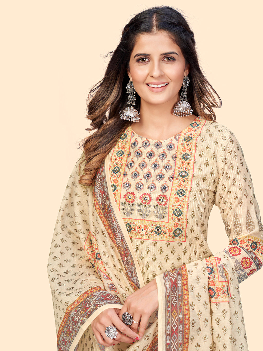 NOZ2TOZ Women's Print & Sequience Straight Musline Cream Stitched Kurta With Dupatta - Distacart