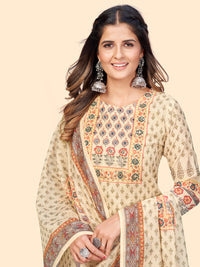 Thumbnail for NOZ2TOZ Women's Print & Sequience Straight Musline Cream Stitched Kurta With Dupatta - Distacart