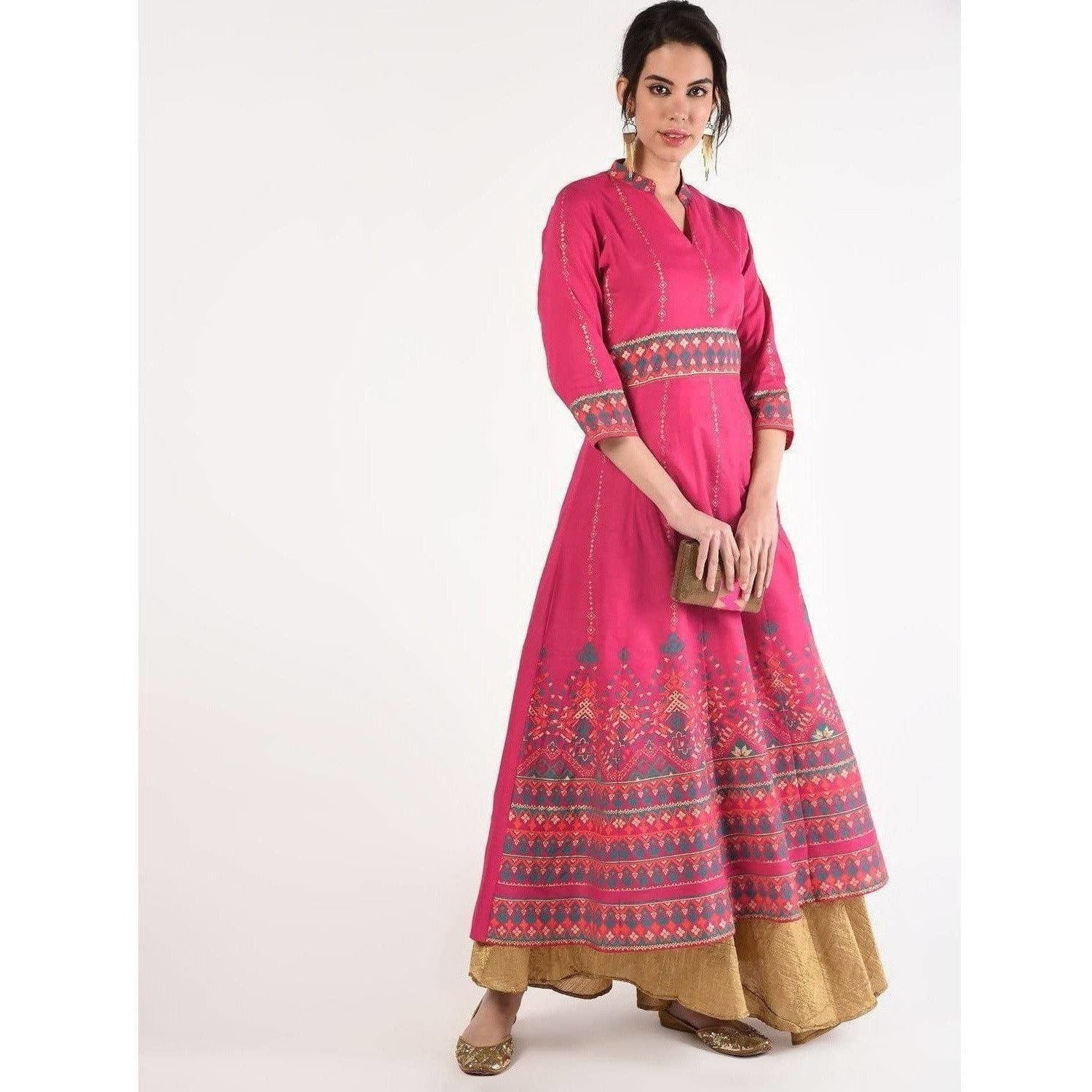 Cheera Women's Hand Block Print Ghagra Style Anarkali Kurta (CH037K)