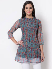 Thumbnail for Myshka Women's Beautiful Organza Printed Printed 3/4 Sleeve Round Neck Casual Multicolor Tunic