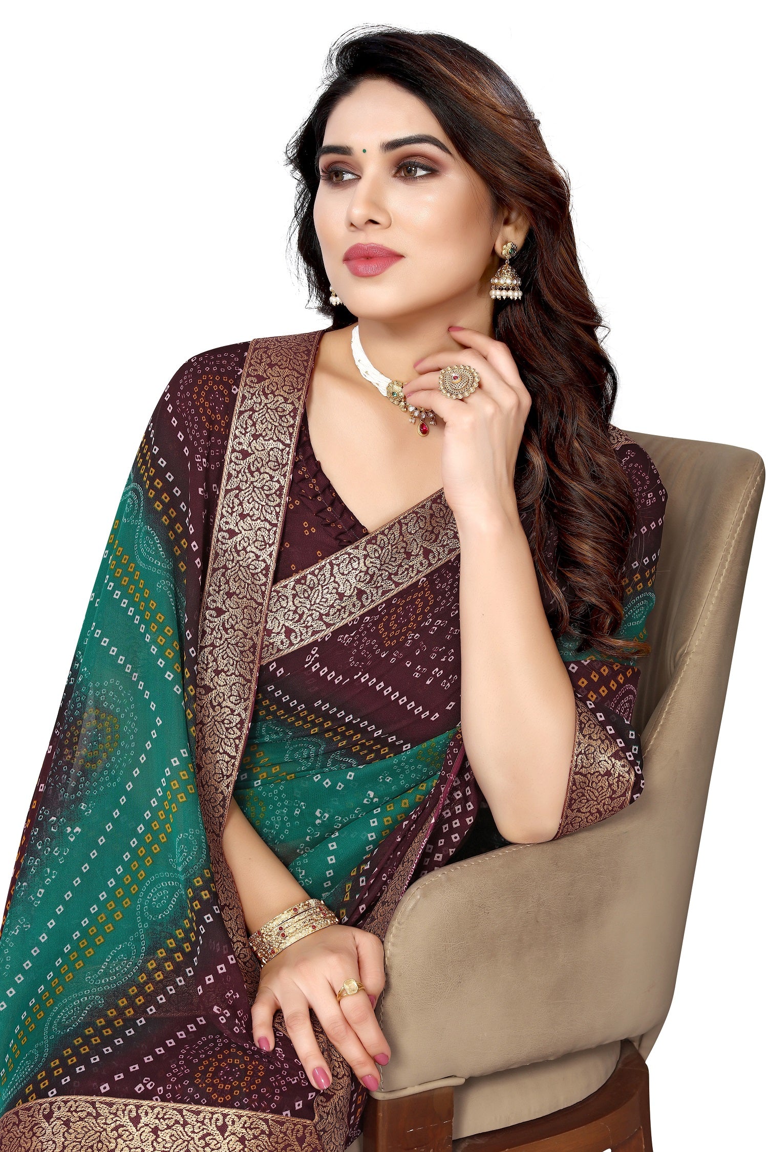 Vamika Brown Georgette Printed With Lace Saree - Distacart