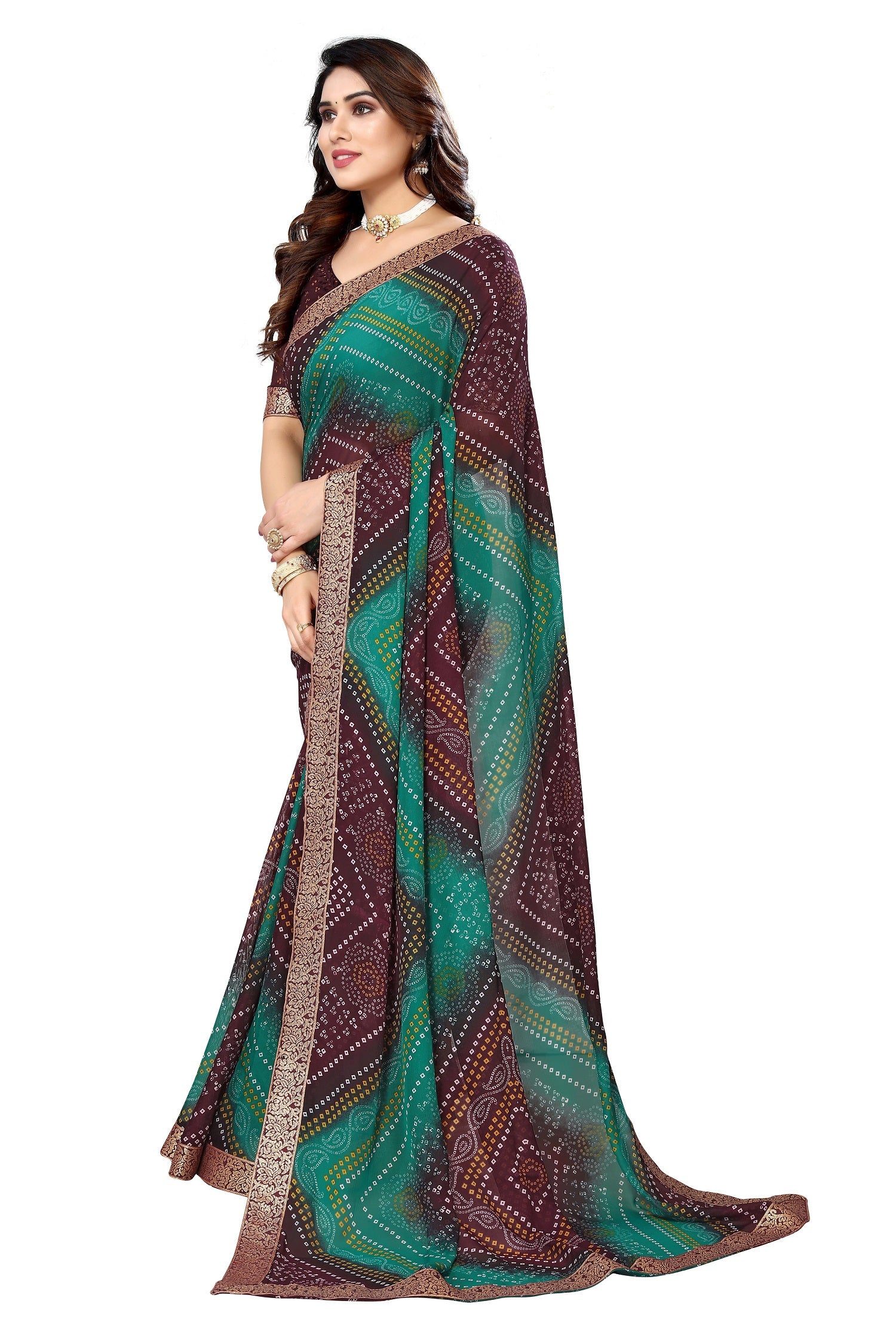 Vamika Brown Georgette Printed With Lace Saree - Distacart