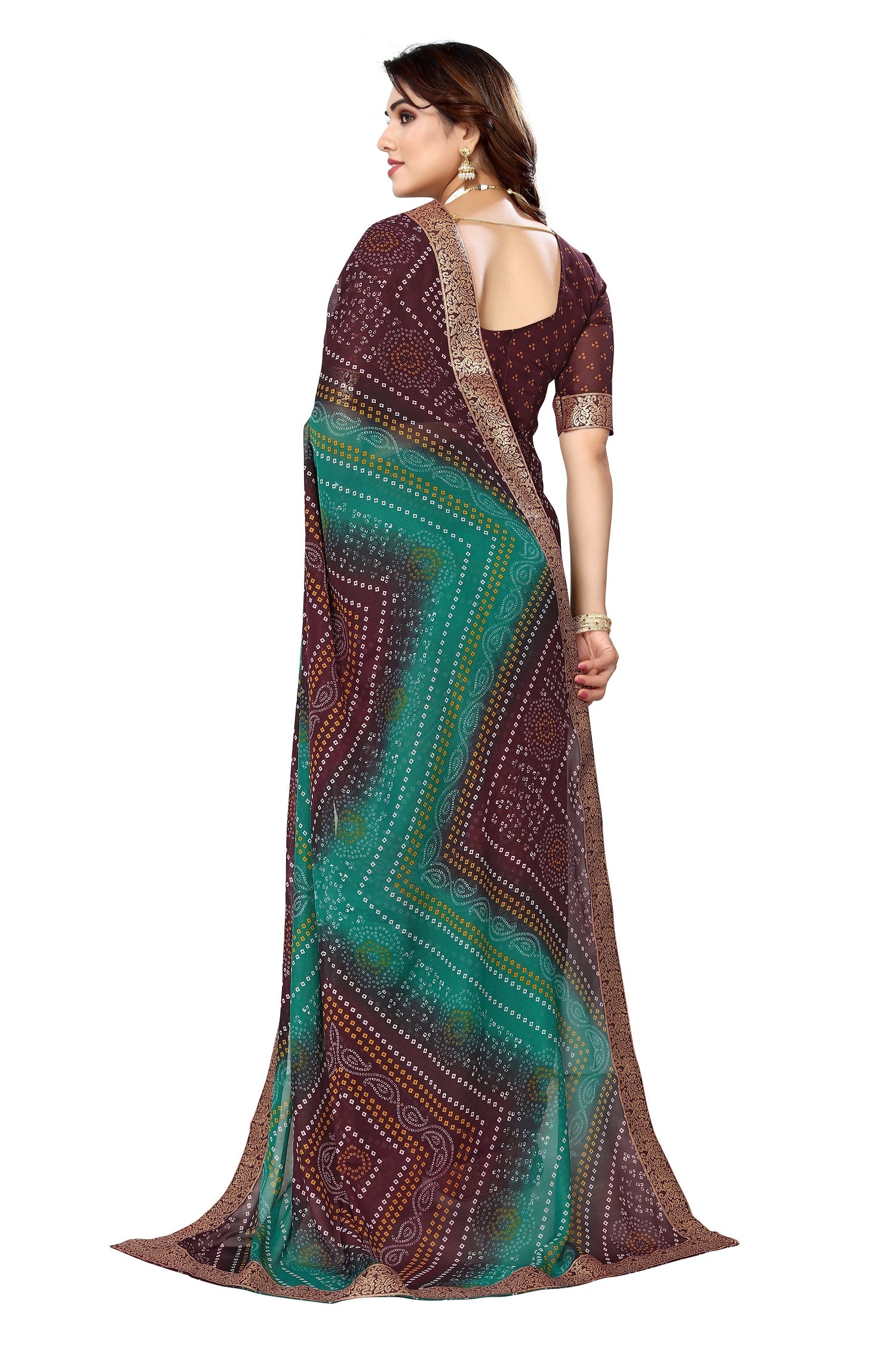 Vamika Brown Georgette Printed With Lace Saree - Distacart