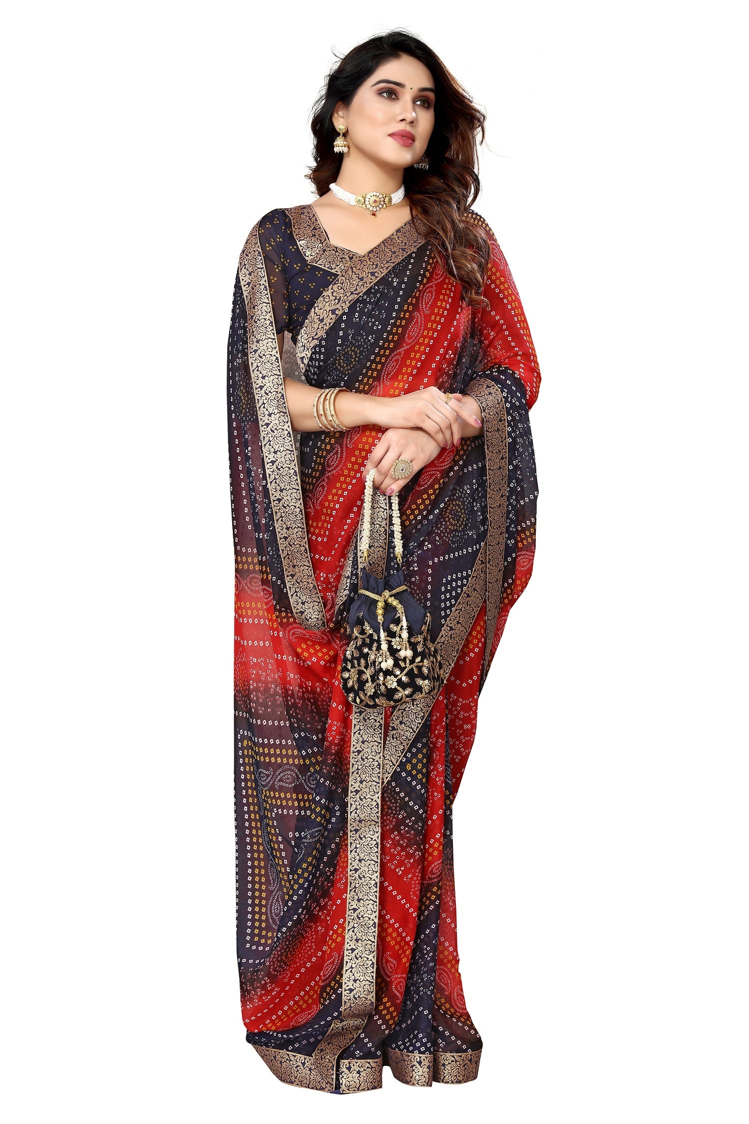 Vamika Navy Georgette Printed With Lace Saree - Distacart