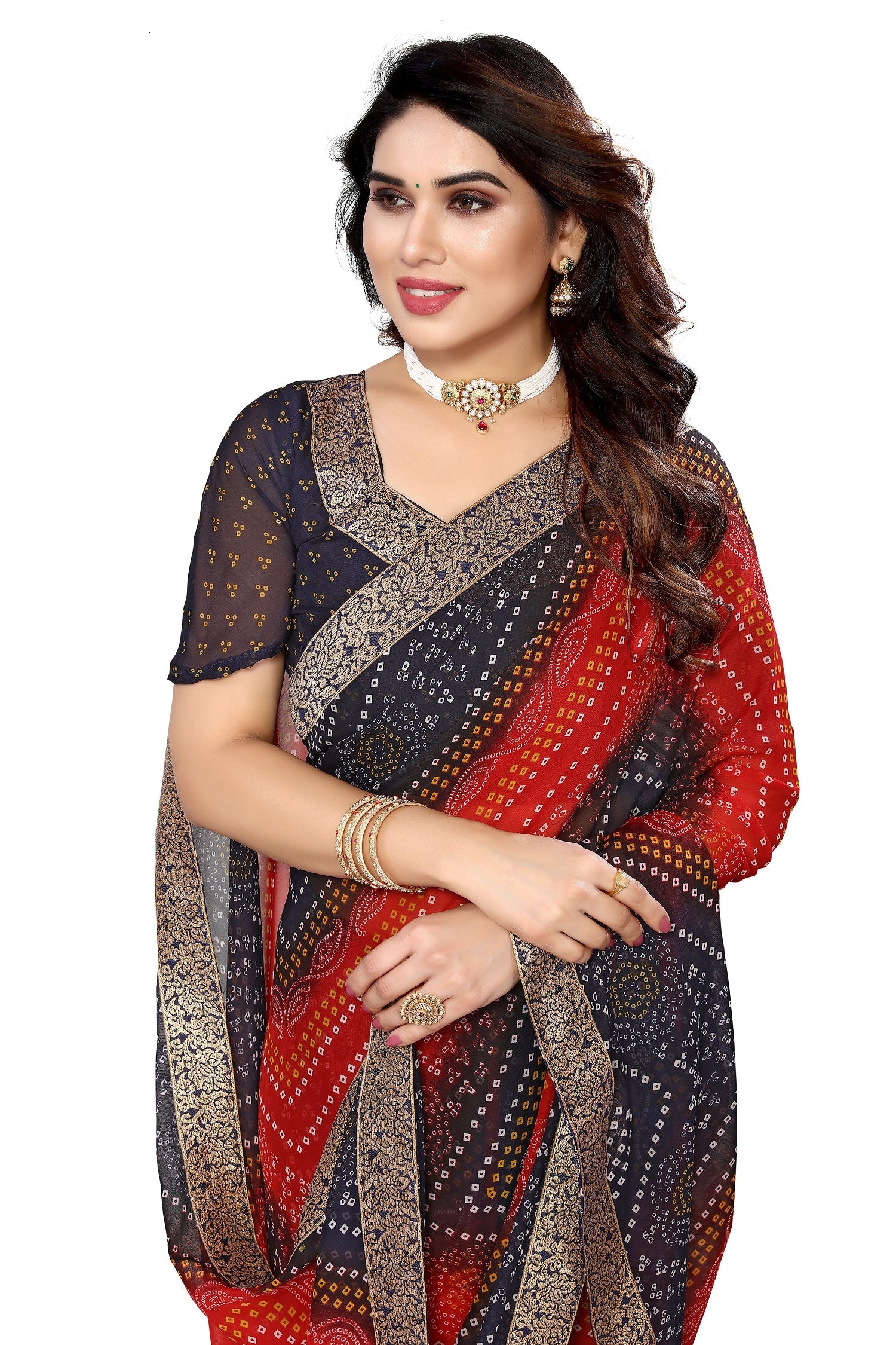 Vamika Navy Georgette Printed With Lace Saree - Distacart