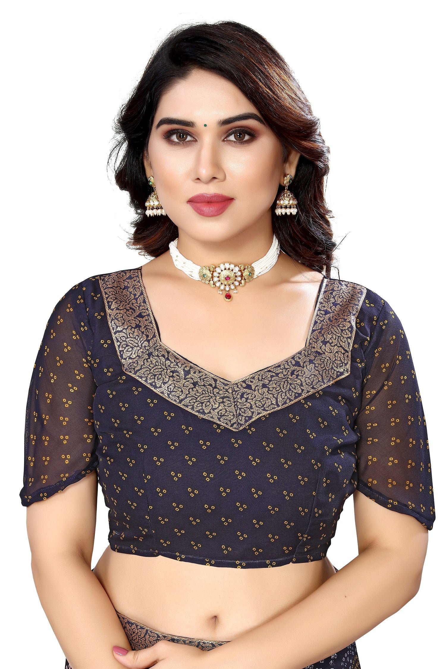 Vamika Navy Georgette Printed With Lace Saree - Distacart