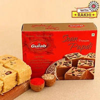 Thumbnail for Set of 3 Sleek Rudraksha Rakhi and Soan Papdi