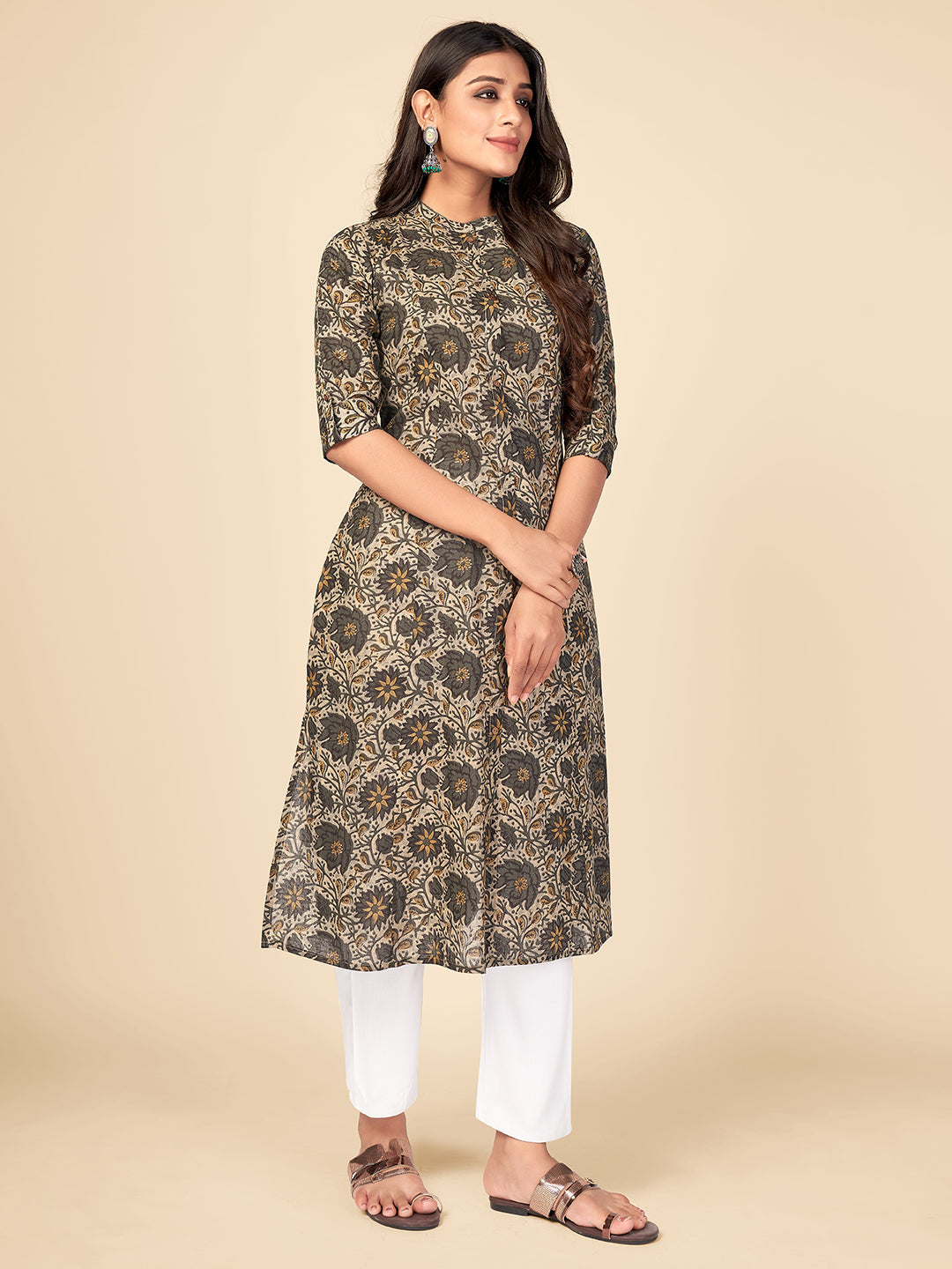 NOZ2TOZ Women's Floral Print A-Line Cotton Grey Kurta With Multiple Slit - Distacart