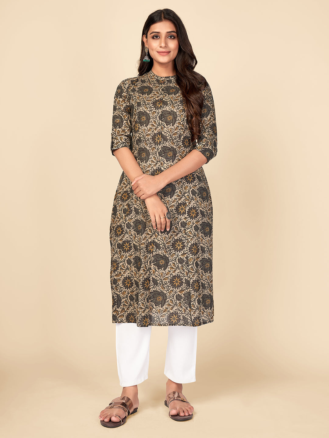 NOZ2TOZ Women's Floral Print A-Line Cotton Grey Kurta With Multiple Slit - Distacart