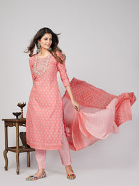 Thumbnail for NOZ2TOZ Women's Printed & Embroidered Straight Cotton Pink Stitched Kurta Pant With Dupatta - Distacart