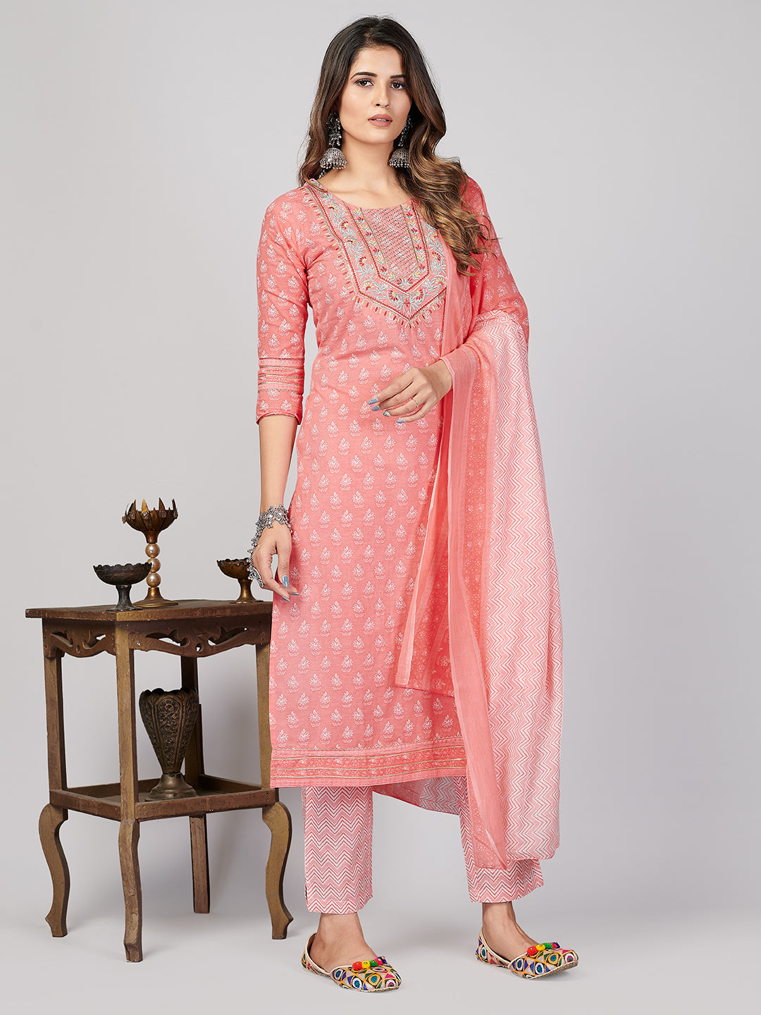 NOZ2TOZ Women's Printed & Embroidered Straight Cotton Pink Stitched Kurta Pant With Dupatta - Distacart