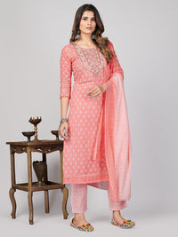 Thumbnail for NOZ2TOZ Women's Printed & Embroidered Straight Cotton Pink Stitched Kurta Pant With Dupatta - Distacart