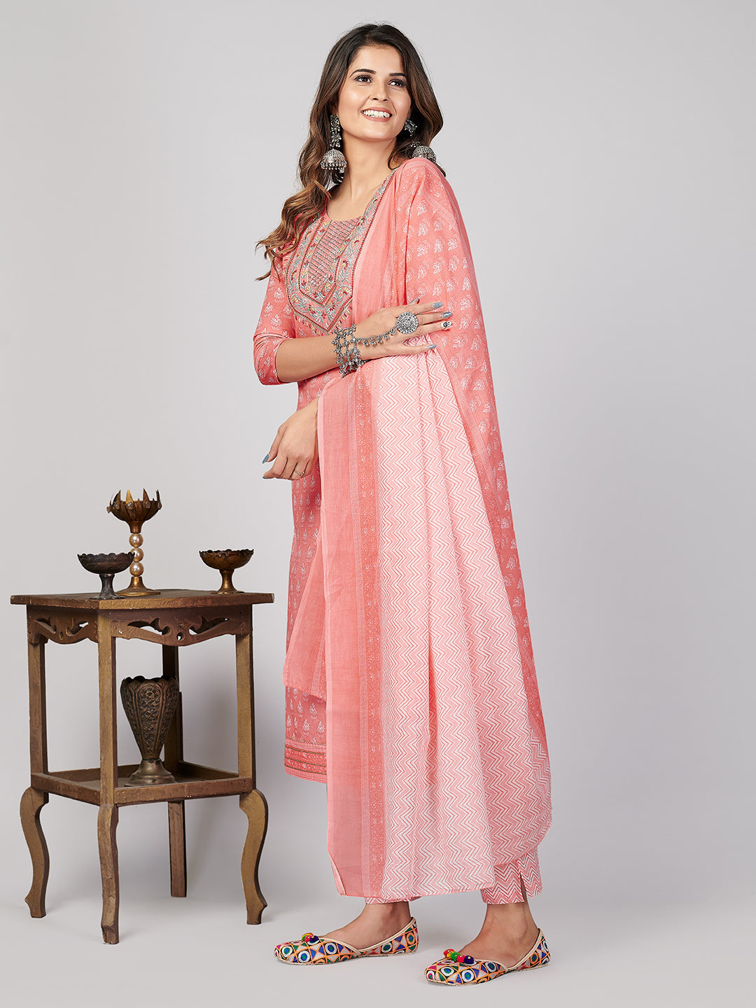 NOZ2TOZ Women's Printed & Embroidered Straight Cotton Pink Stitched Kurta Pant With Dupatta - Distacart