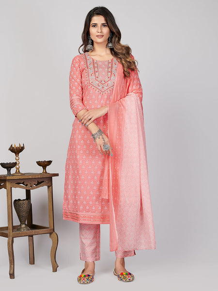 NOZ2TOZ Women's Printed & Embroidered Straight Cotton Pink Stitched Kurta Pant With Dupatta - Distacart