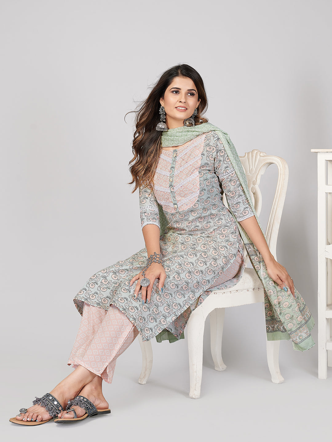 NOZ2TOZ Women's Printed & Sequence Work Straight Cotton Light Green Stitched Kurta Pant With Dupatta - Distacart
