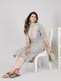 Thumbnail for NOZ2TOZ Women's Printed & Sequence Work Straight Cotton Light Green Stitched Kurta Pant With Dupatta - Distacart