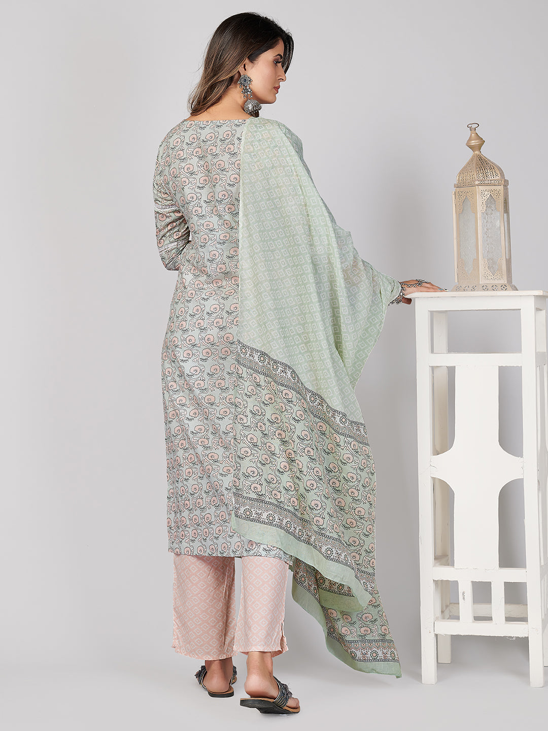 NOZ2TOZ Women's Printed & Sequence Work Straight Cotton Light Green Stitched Kurta Pant With Dupatta - Distacart