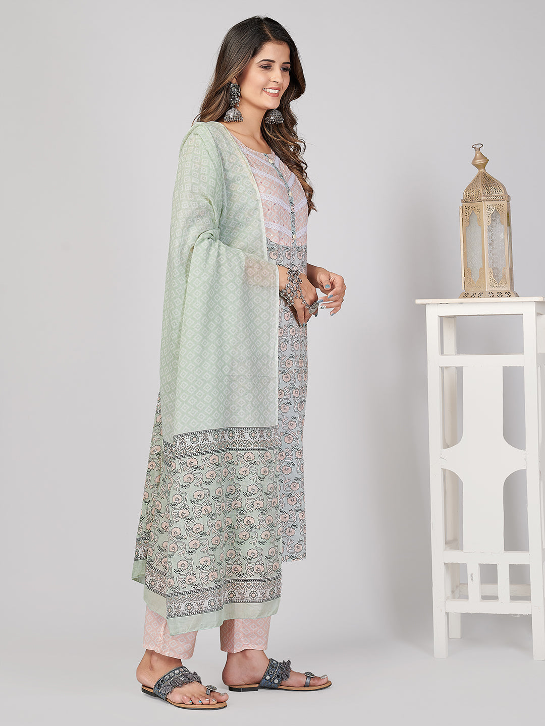 NOZ2TOZ Women's Printed & Sequence Work Straight Cotton Light Green Stitched Kurta Pant With Dupatta - Distacart