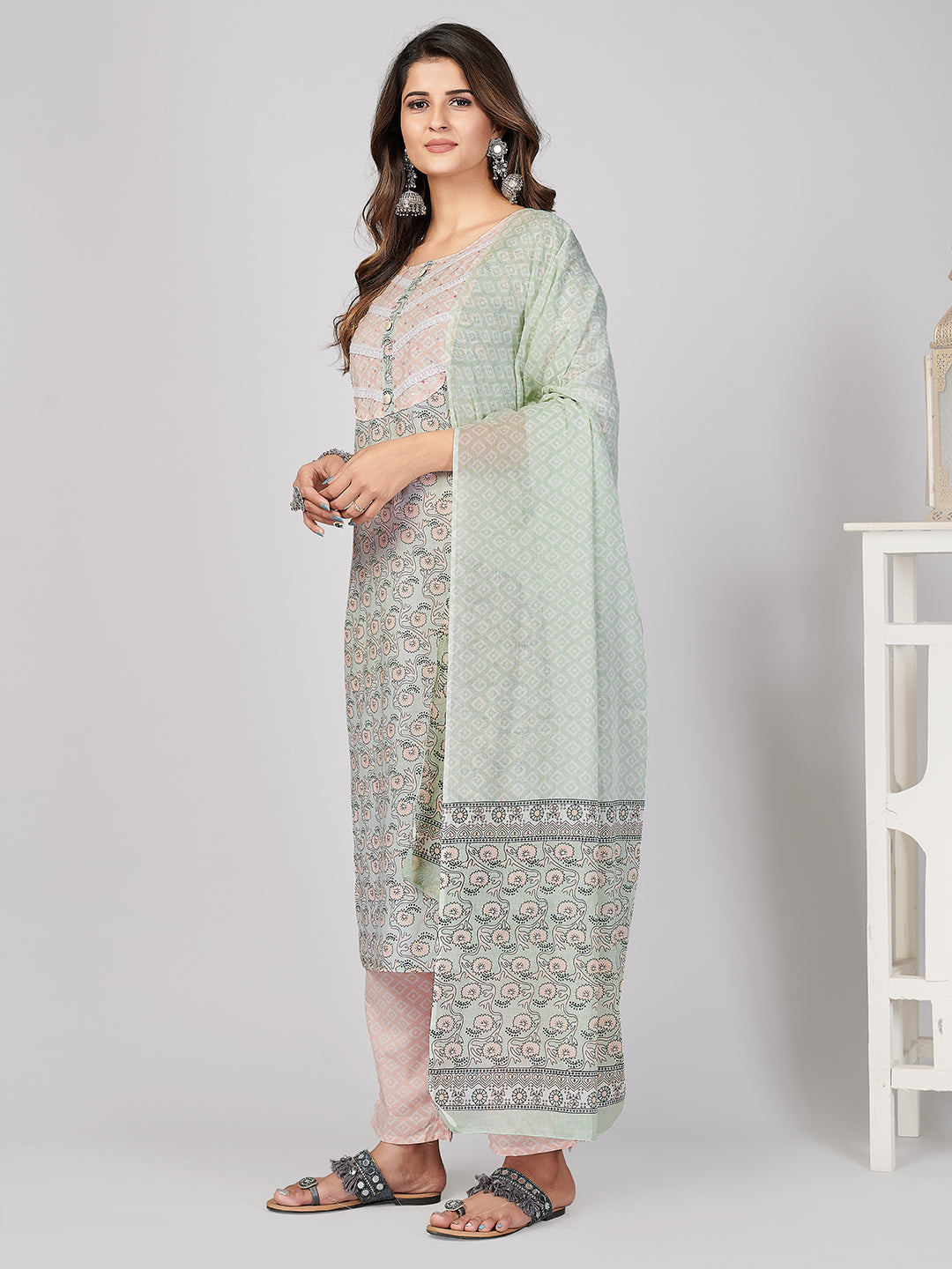 NOZ2TOZ Women's Printed & Sequence Work Straight Cotton Light Green Stitched Kurta Pant With Dupatta - Distacart