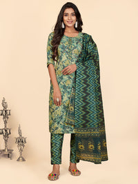 Thumbnail for NOZ2TOZ Women's Printed & Hand Work Straight Cotton Teal Stitched Kurta Pant With Dupatta - Distacart