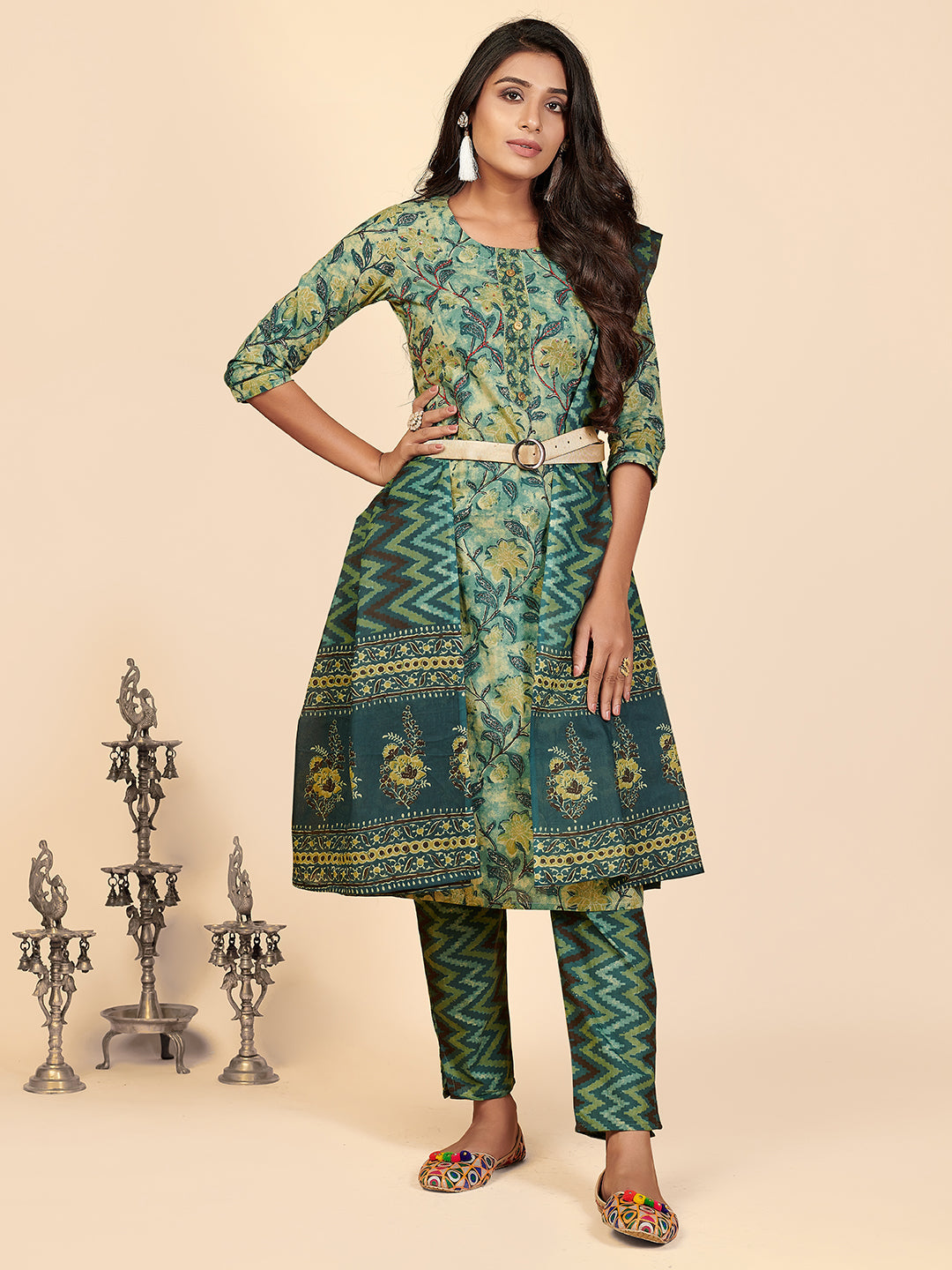 NOZ2TOZ Women's Printed & Hand Work Straight Cotton Teal Stitched Kurta Pant With Dupatta - Distacart