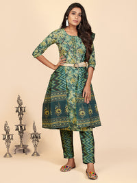 Thumbnail for NOZ2TOZ Women's Printed & Hand Work Straight Cotton Teal Stitched Kurta Pant With Dupatta - Distacart