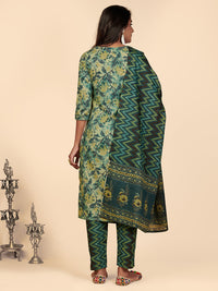 Thumbnail for NOZ2TOZ Women's Printed & Hand Work Straight Cotton Teal Stitched Kurta Pant With Dupatta - Distacart