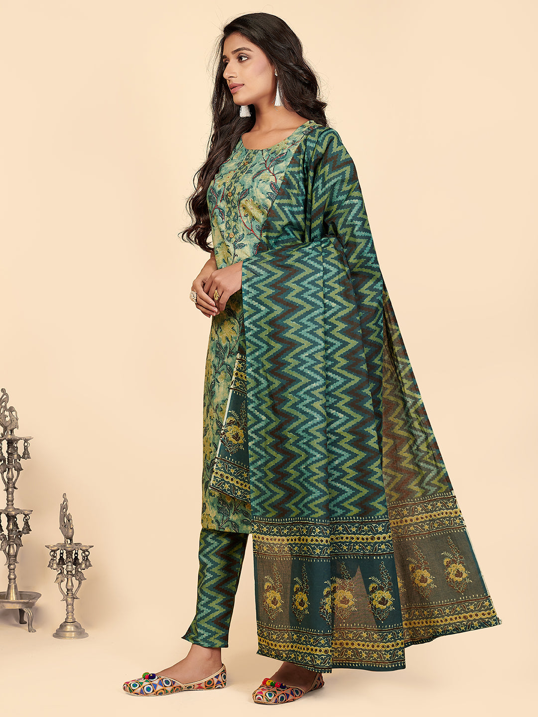 NOZ2TOZ Women's Printed & Hand Work Straight Cotton Teal Stitched Kurta Pant With Dupatta - Distacart