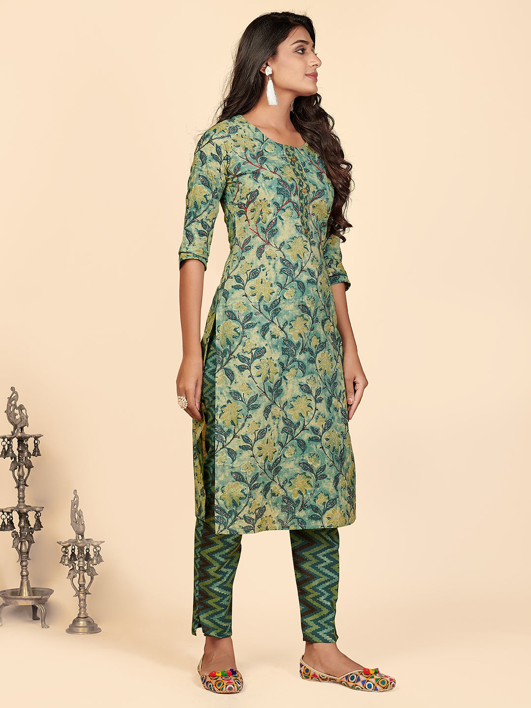 NOZ2TOZ Women's Printed & Hand Work Straight Cotton Teal Stitched Kurta Pant With Dupatta - Distacart