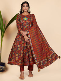 Thumbnail for NOZ2TOZ Women's Printed & Hand Work Anarkali Cotton Maroon Stitched Kurta Pant With Dupatta - Distacart