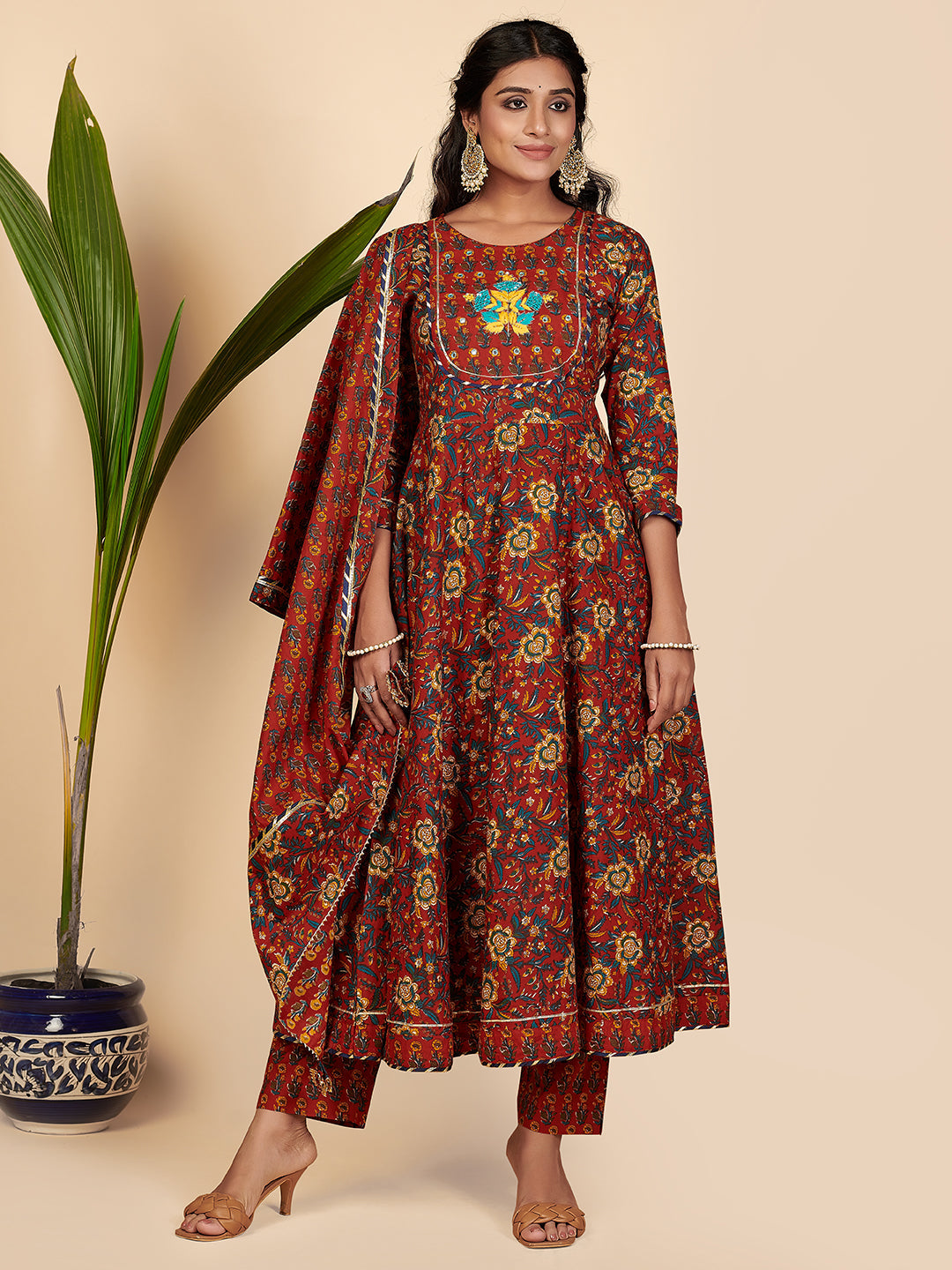 NOZ2TOZ Women's Printed & Hand Work Anarkali Cotton Maroon Stitched Kurta Pant With Dupatta - Distacart