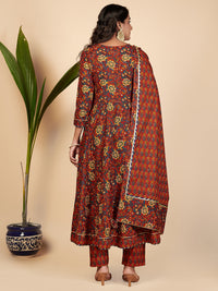 Thumbnail for NOZ2TOZ Women's Printed & Hand Work Anarkali Cotton Maroon Stitched Kurta Pant With Dupatta - Distacart