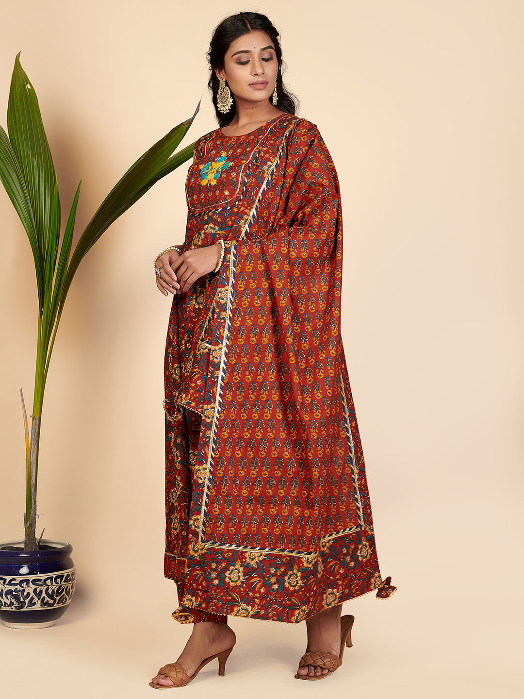 NOZ2TOZ Women's Printed & Hand Work Anarkali Cotton Maroon Stitched Kurta Pant With Dupatta - Distacart