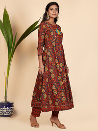 Thumbnail for NOZ2TOZ Women's Printed & Hand Work Anarkali Cotton Maroon Stitched Kurta Pant With Dupatta - Distacart