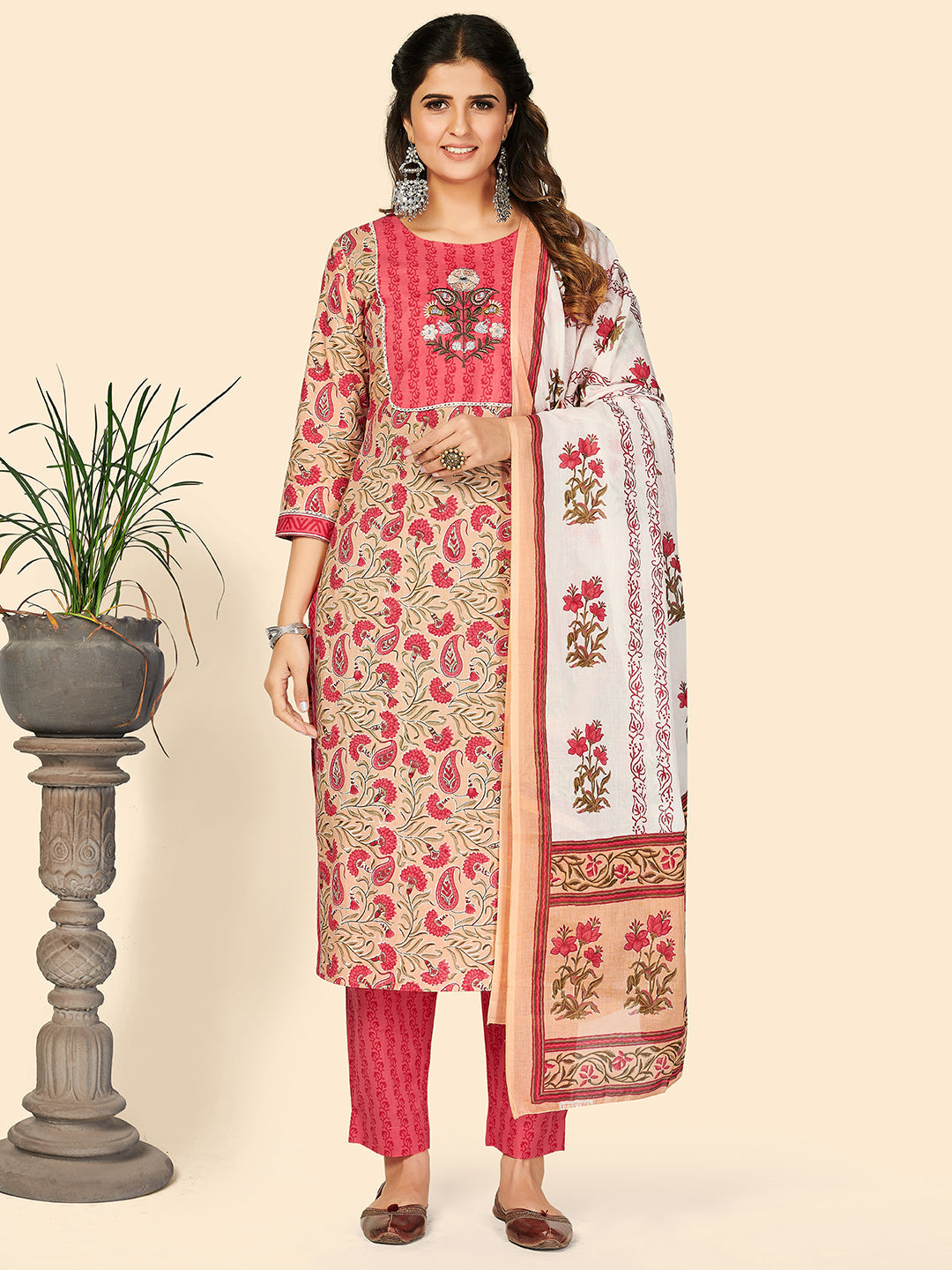 NOZ2TOZ Women's Print & Embroidered Straight Cotton Beige Stitched Kurta Pant With Dupatta - Distacart