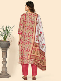 Thumbnail for NOZ2TOZ Women's Print & Embroidered Straight Cotton Beige Stitched Kurta Pant With Dupatta - Distacart