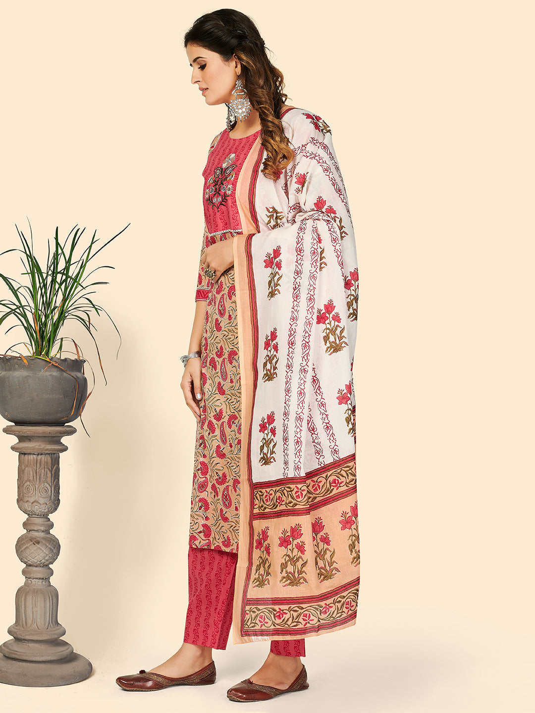 NOZ2TOZ Women's Print & Embroidered Straight Cotton Beige Stitched Kurta Pant With Dupatta - Distacart