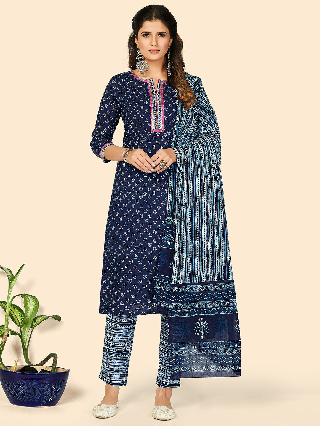 NOZ2TOZ Women's Print & Gota Patti Straight Cotton Blue Stitched Kurta Pant With Dupatta - Distacart
