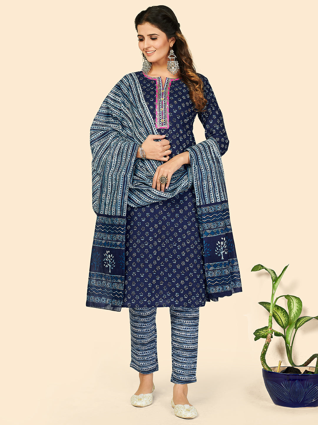 NOZ2TOZ Women's Print & Gota Patti Straight Cotton Blue Stitched Kurta Pant With Dupatta - Distacart