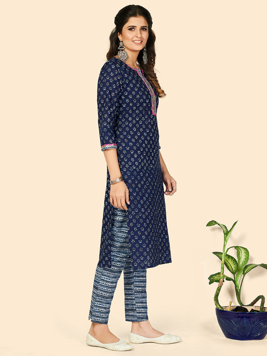 NOZ2TOZ Women's Print & Gota Patti Straight Cotton Blue Stitched Kurta Pant With Dupatta - Distacart